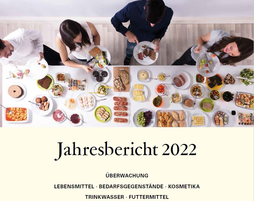 Titelseite des Jahresberichts zur Lebensmittelüberwachung 2022: Vier junge Menschen nehmen sich am Buffeet Essen auf weiße Teller