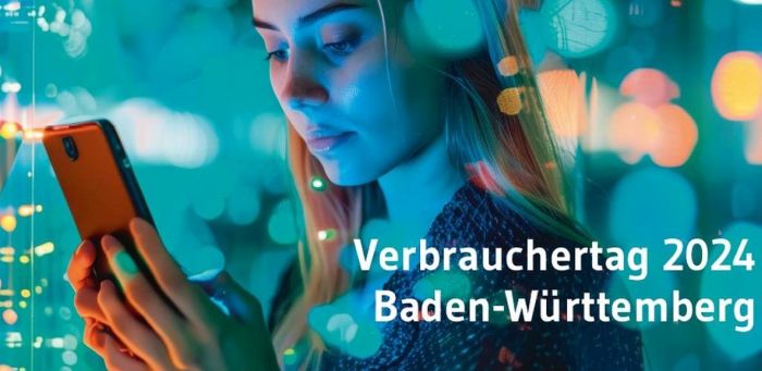 Motiv der Einladung zum Verbrauchertag BW 2024, bunte Lichtpunkte mit Frau, die Auf Smartphone schaut