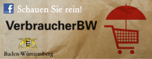 Banner VerbraucherBW mit rotem Einkaufswagen mit Schirm, Schriftzug Scchauen Sie rein!