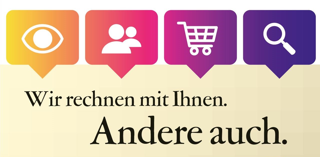 Logo der Algorithmenkampagne mit 4 Verbrauchericons (Einkaufswagen, Lupe Menschen und Auge) mit rot-lila Hintergrund und der Aufschrift: Wir rechnen mit Ihnen. Andere auch.