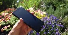 mit dem schwarzen Smartphone in der Hand im Garten mit Blumen im Hintergrund