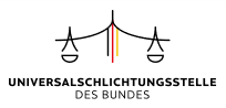 Logo der Universalschlichtungsstelle mit einer stilisierten Waage mit Deutschland-Farben