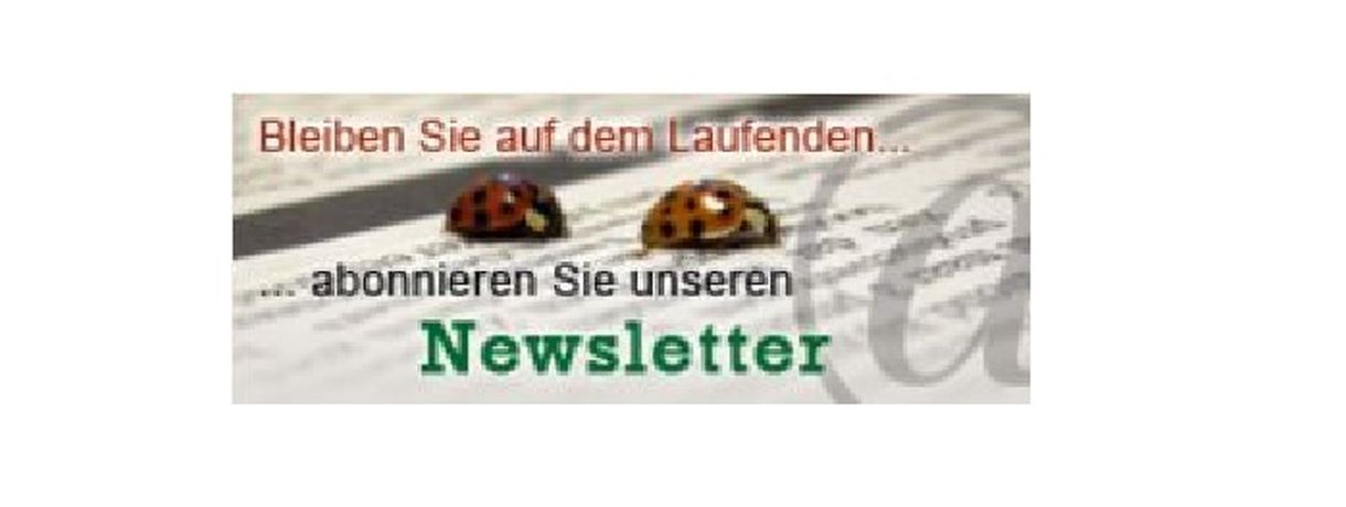 Banner Newsletter mit 2 Marienkäfern auf einer Zeitung und einem @-Zeichen