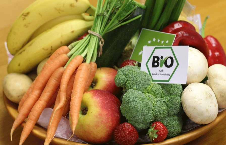 verschiedene Gemüse und Obst und ein Bio-Siegel in einer Schale auf Holztisch