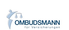 Logo des Versicherungsombudsmannes mit blauer Schrift und stilisierter Figur mit Waage in der Hand