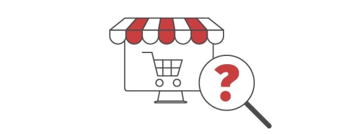 Icon des Fake-Shop-Finders bestehend aus Einkaufswagen auf Bildschirm mit rot-weiß gestreifter Markise und Lupe mit rotem Fragezeichen Icon des Fake-Shop-Finders bestehend aus Einkaufswagen auf Bildschirm mit rot-weiß gestreifter Markise und Lupe mit rotem Fragezeichen