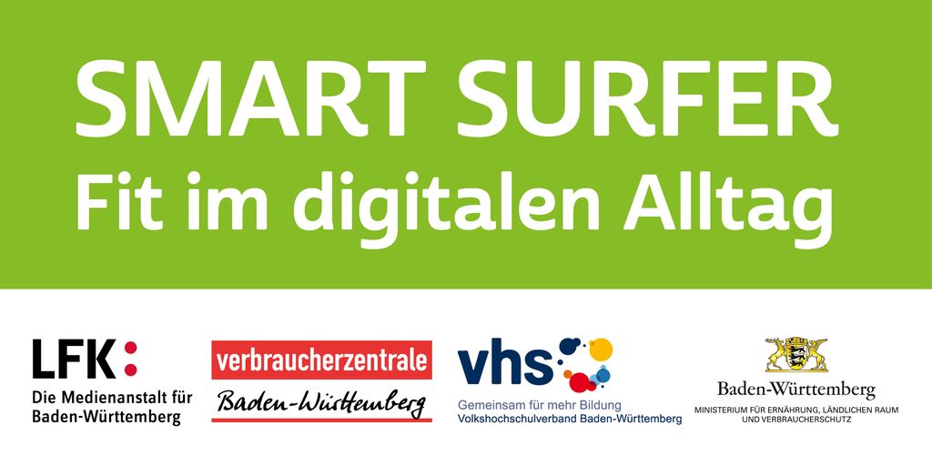 Logo Smart Surfer mit weißer Schrift auf hellgrünem Grund, darunter die Logos der beteiligten Projektpartner auf weißem Grund Logo Smart Surfer mit weißer Schrift auf hellgrünem Grund, darunter die Logos der beteiligten Projektpartner auf weißem Grund
