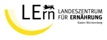 Logo des Landeszentrums für ERnährung LErn mit zweifarbig-gelbem Kurvenstrich, Schritzug und BW-Landeslöwe in schwarz