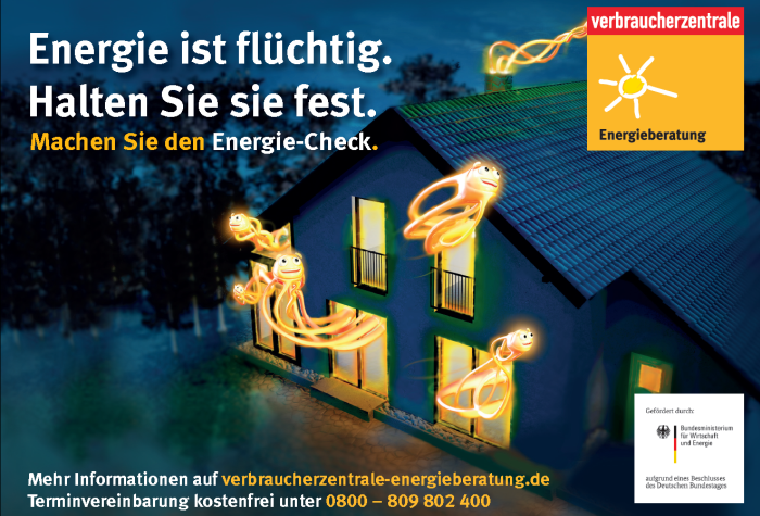 Werbeplakat zum Energieberatungsangebot des Verbraucherzentrale Bundesverbands e. V., das ein Haus bei Nacht zeigt, aus dessen beleuchteten Fenstern und Türen kleine gelbe