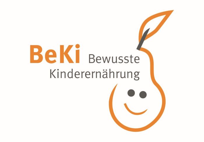Logo BeKi Bewusste Kinderernährung mit stilisierter Birne mit Grinsegesicht